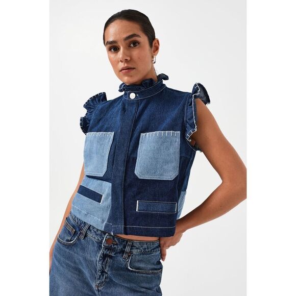 seventy + mochi Women’s Pablo Waistcoat Vest in Patched Blue Denim size 4 NWT - Picture 1 of 8